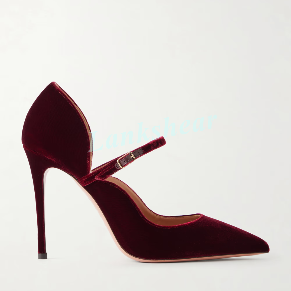 Women Burgundy Red Velvet Poin - Mesh Strap Metal 评论和价格
