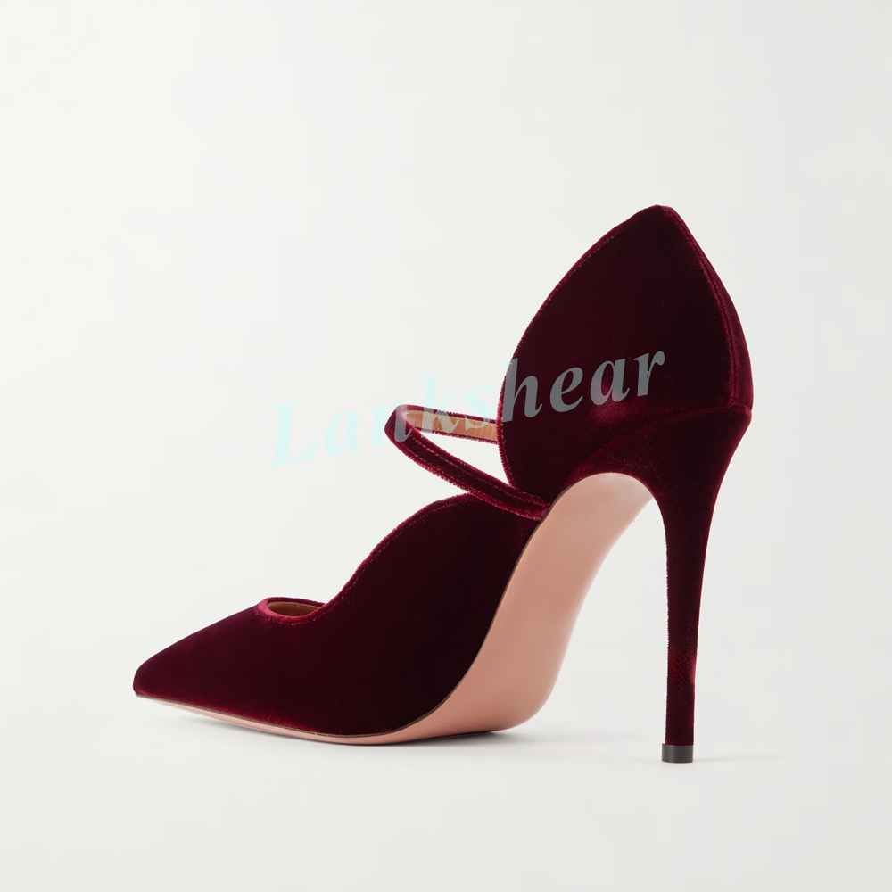 Women Burgundy Red Velvet Poin - Mesh Strap Metal 评论和价格